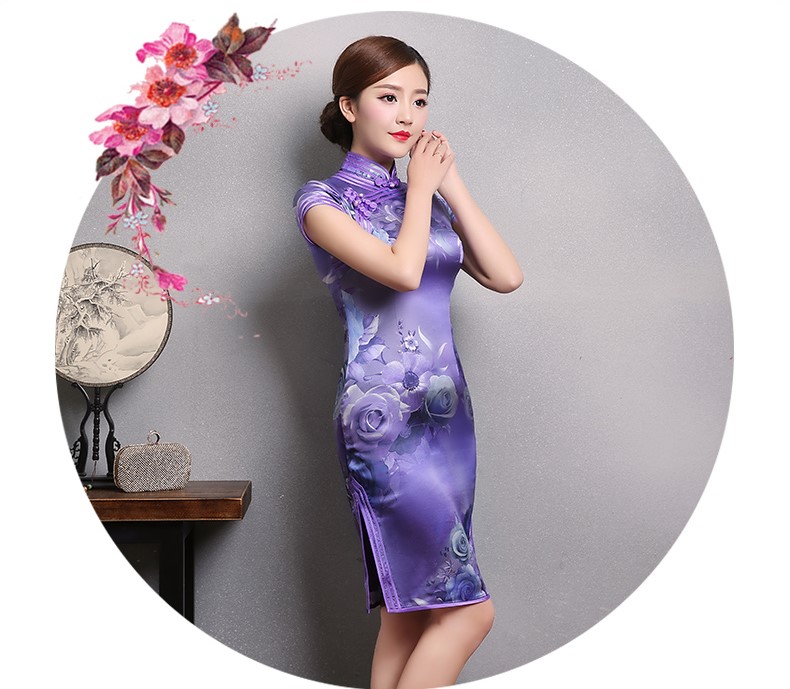 紫玫瑰印花旗袍，短袖三包邊旗袍裙