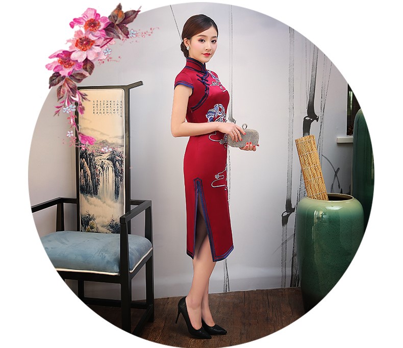 紅色云鳳刺繡旗袍，短袖真絲旗袍裙