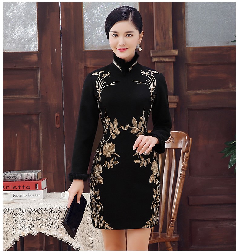 黑色麥穗繡花旗袍，加厚短款旗袍裙