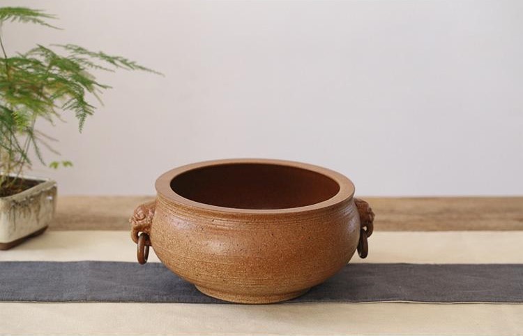 手工復古粗陶獅頭雙耳茶洗水盂