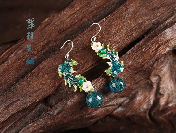 翠羽靈翩耳環(huán)，家佳樂文學(xué)琉璃景泰藍(lán)鳳凰首飾