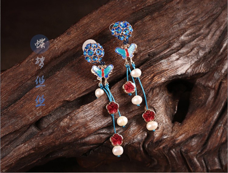 家佳樂文學(xué)景泰藍(lán)蝴蝶耳釘氣質(zhì)耳環(huán)首飾