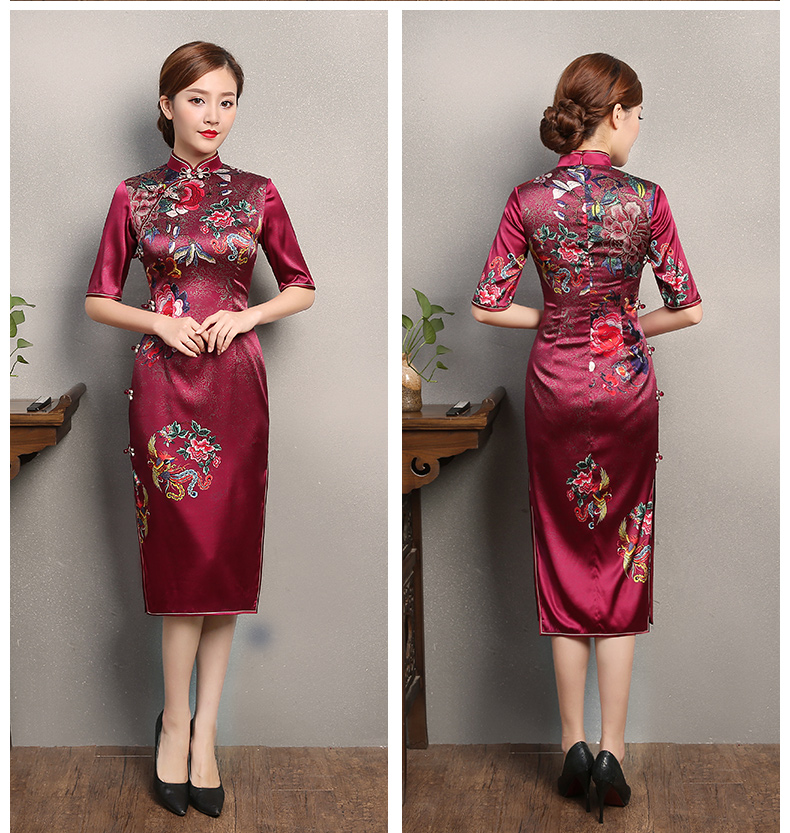 彩鳳印花紅色旗袍，端莊大氣鳳凰牡丹旗袍裙