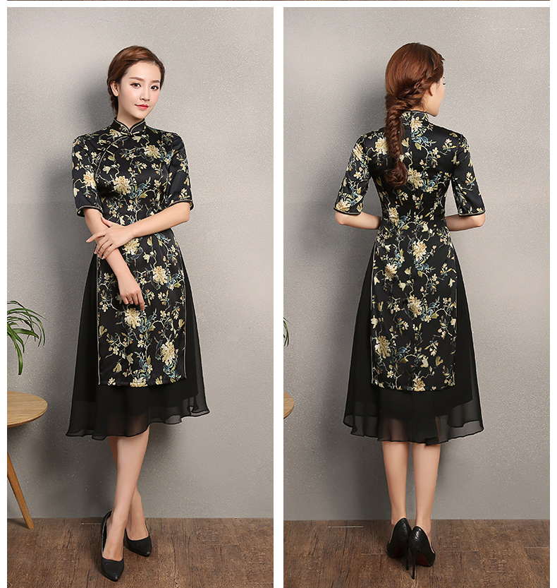 黑色時(shí)尚印黃花旗袍，奧黛旗袍裙