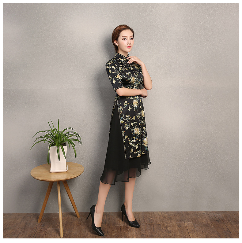 黑色時(shí)尚印黃花旗袍，奧黛旗袍裙