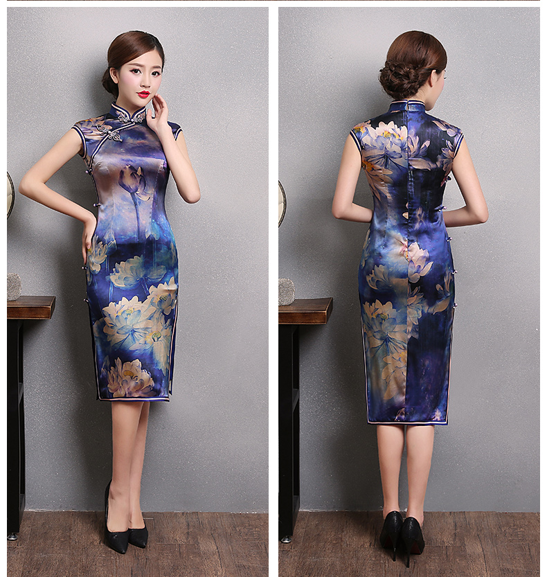 夢幻蓮花旗袍,短袖真絲旗袍裙
