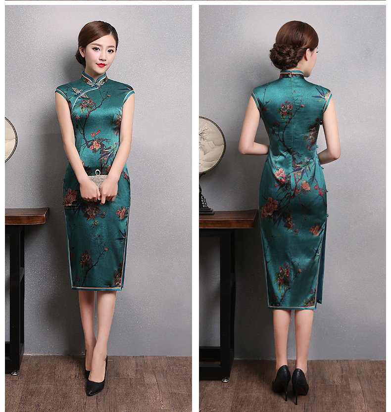 墨綠色印梅花旗袍，短袖真絲旗袍裙