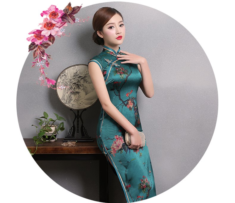 墨綠色印梅花旗袍，短袖真絲旗袍裙