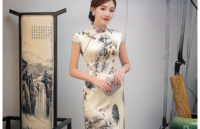 淡黃色印花旗袍，復古短款旗袍裙