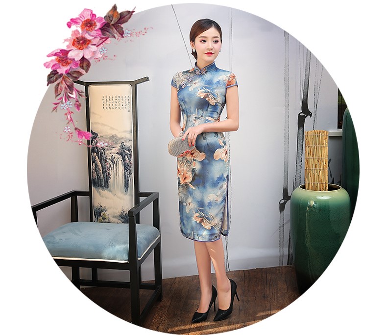 藍(lán)色幽藍(lán)印花旗袍，復(fù)古時尚旗袍裙