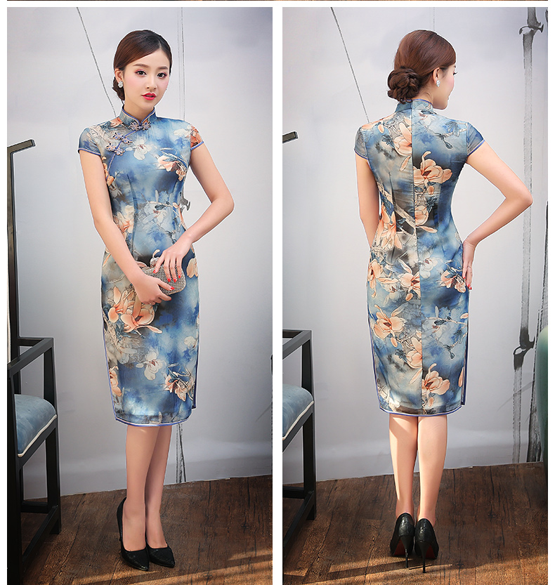 藍(lán)色幽藍(lán)印花旗袍，復(fù)古時尚旗袍裙