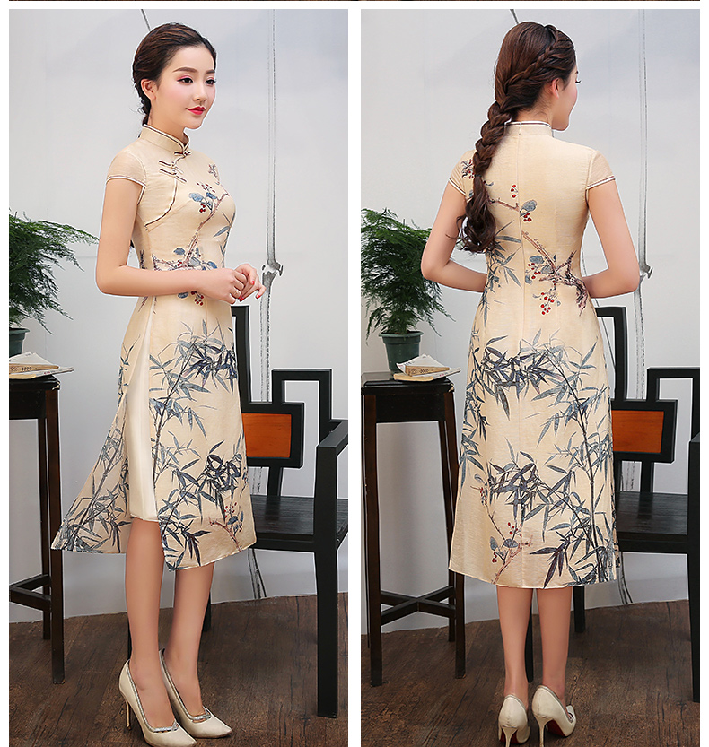 米黃色竹葉印花旗袍，復(fù)古淡雅旗袍裙