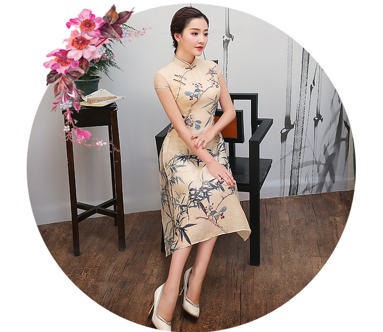 米黃色竹葉印花旗袍，復(fù)古淡雅旗袍裙