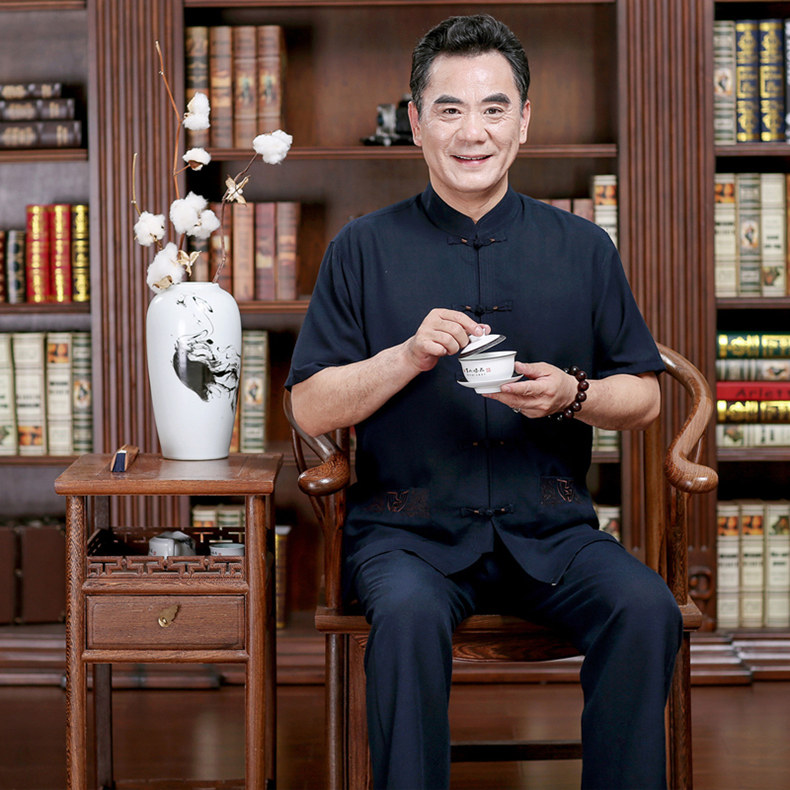 深藍色短袖棉麻套裝男士唐裝