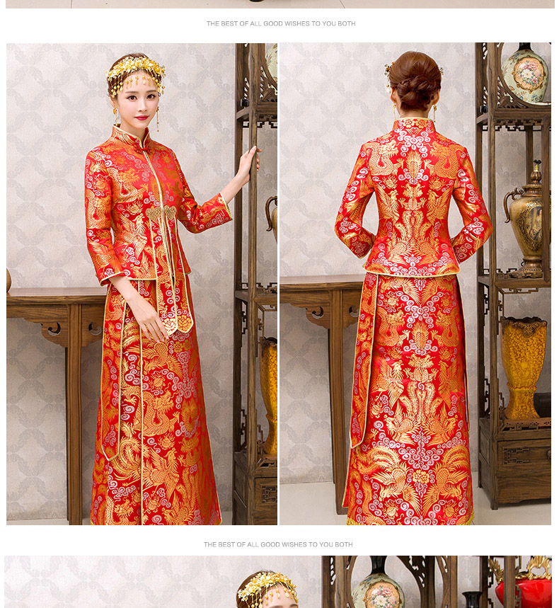 紅色旗袍中式禮服，新娘結(jié)婚禮服