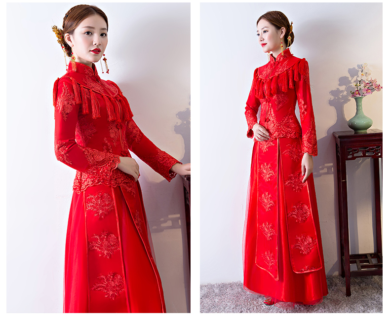 精致蕾絲花紋中式禮服，新娘結(jié)婚禮服