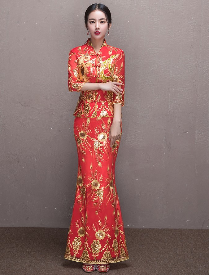 奢華花朵鳳凰刺繡中式禮服，唯美新娘魚尾禮服