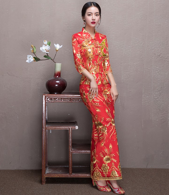 奢華花朵鳳凰刺繡中式禮服，唯美新娘魚尾禮服