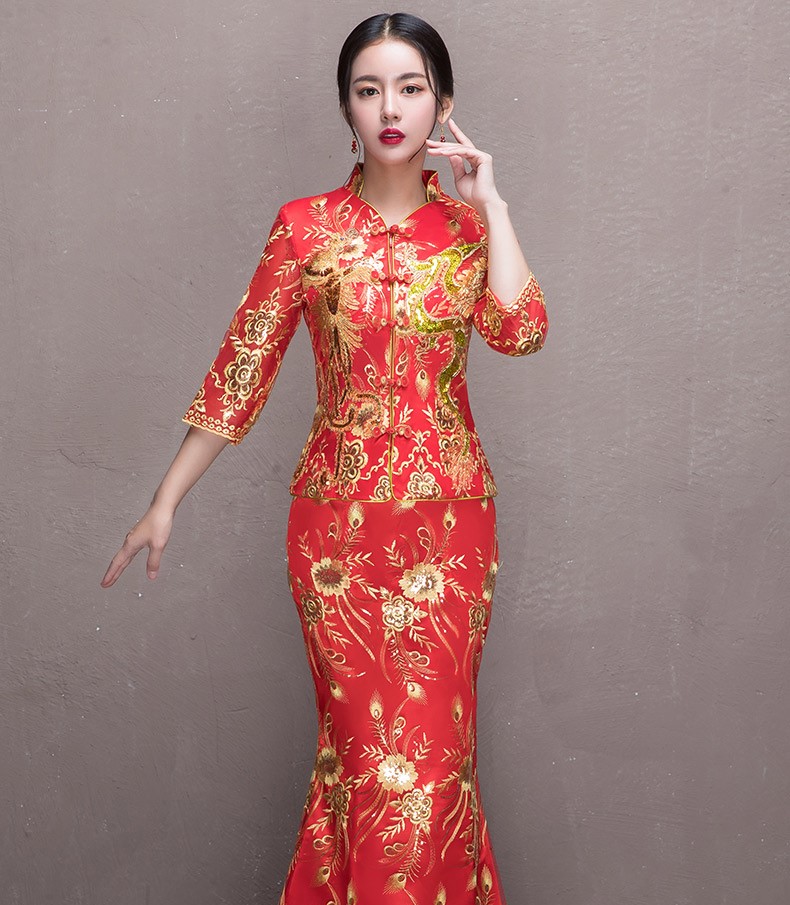 奢華花朵鳳凰刺繡中式禮服，唯美新娘魚尾禮服