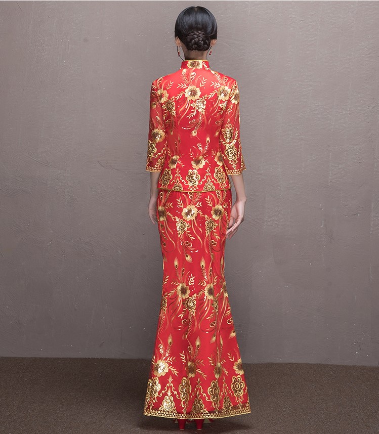 奢華花朵鳳凰刺繡中式禮服，唯美新娘魚尾禮服