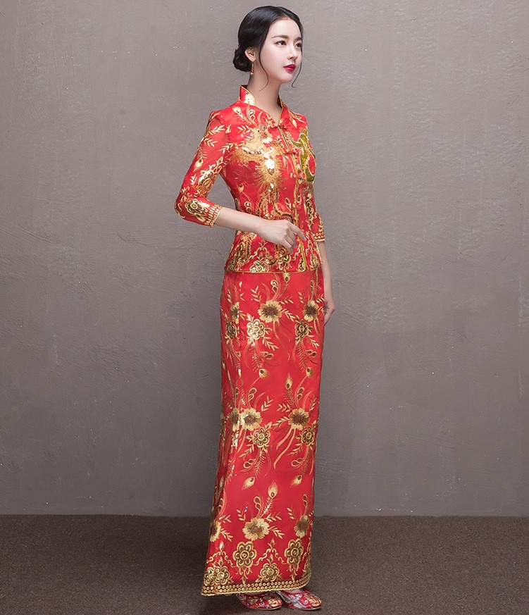 奢華花朵鳳凰刺繡中式禮服，唯美新娘魚尾禮服