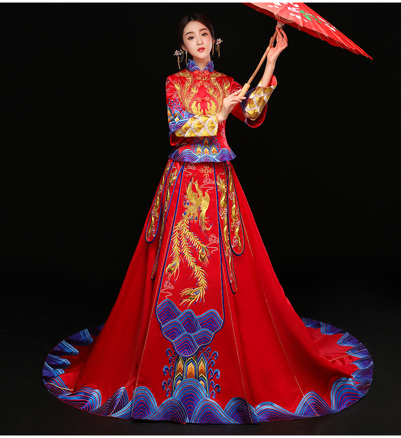 水波紋刺繡中式禮服，奢華拖尾新娘結(jié)婚禮服