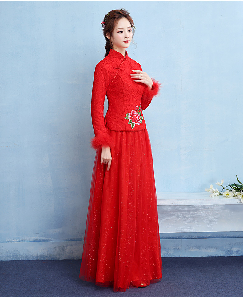 牡丹繡花中式禮服，家佳樂(lè)文學(xué)保暖晚禮服