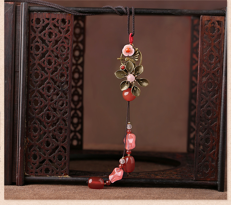復古紅色花朵吊墜毛衣鏈項鏈