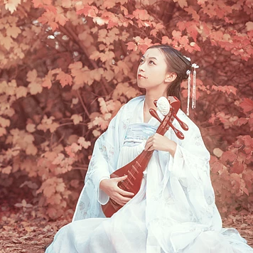 落葉意境彈琵琶女生頭像，唯美古風(fēng)真人頭像