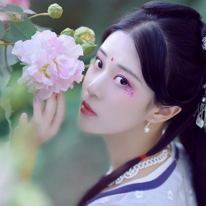 紅花綠葉帶團(tuán)扇女生頭像，唯美古風(fēng)真人頭像