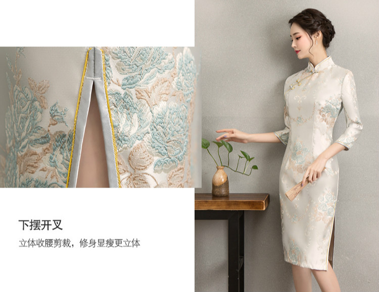 清新淡雅繡花旗袍，中袖優(yōu)雅旗袍裙