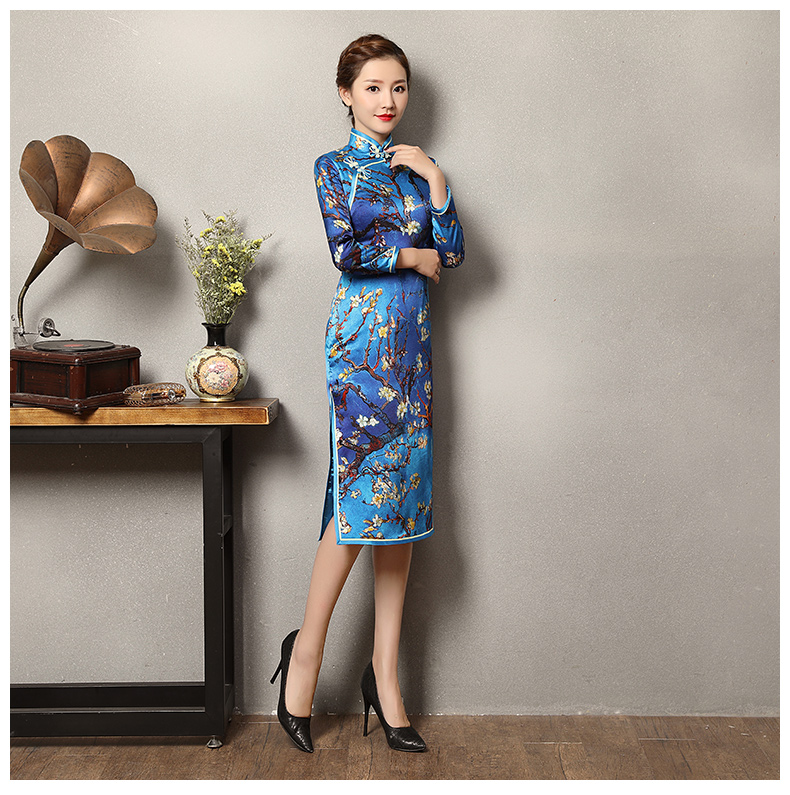 玉蘭枝藍(lán)色旗袍，長袖蠶絲加厚旗袍裙