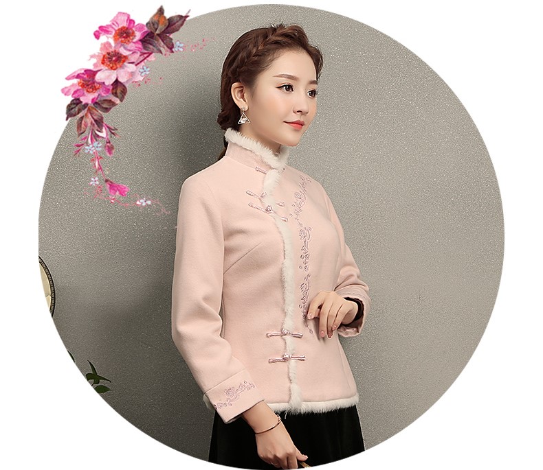 粉色繡花復古毛包邊女士唐裝