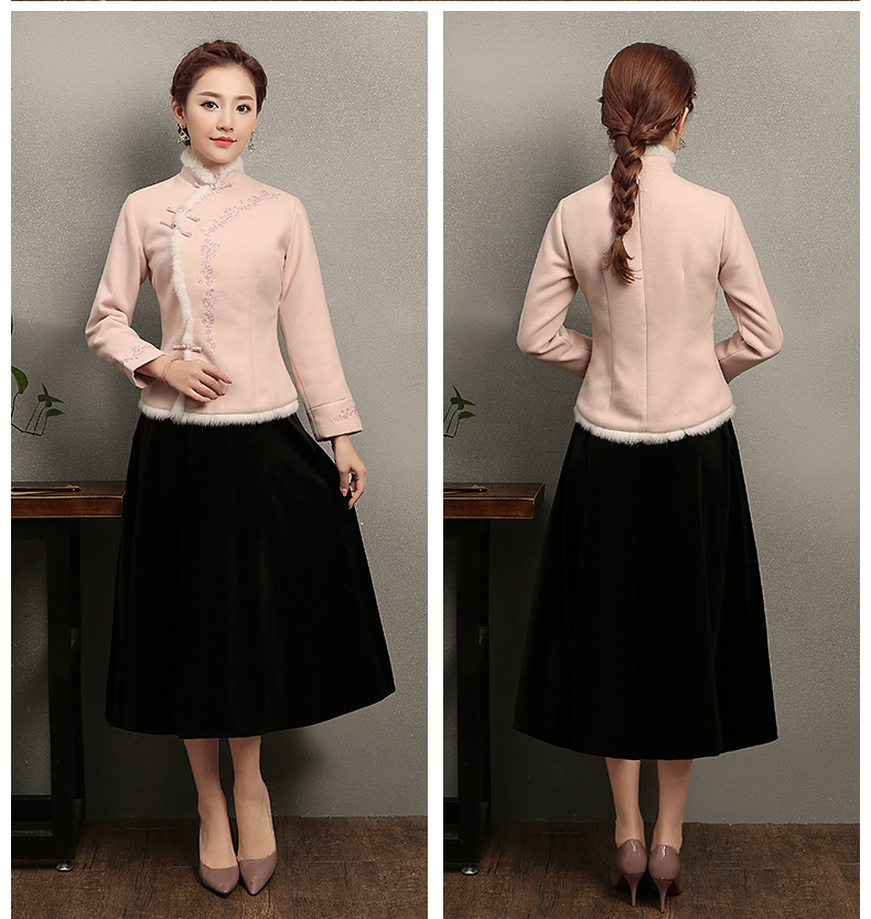 粉色繡花復古毛包邊女士唐裝