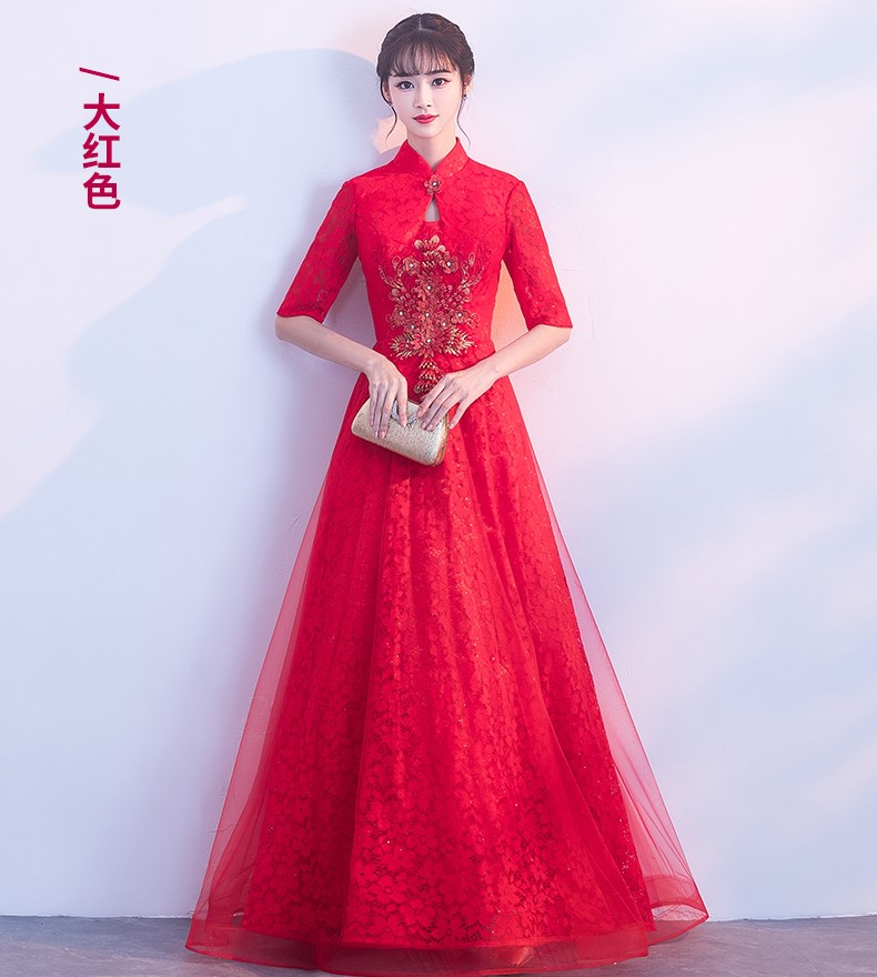 典雅氣質(zhì)中式禮服，網(wǎng)紗蕾絲晚禮服