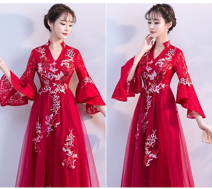 時(shí)尚喇叭袖中式禮服，性感唯美晚禮服