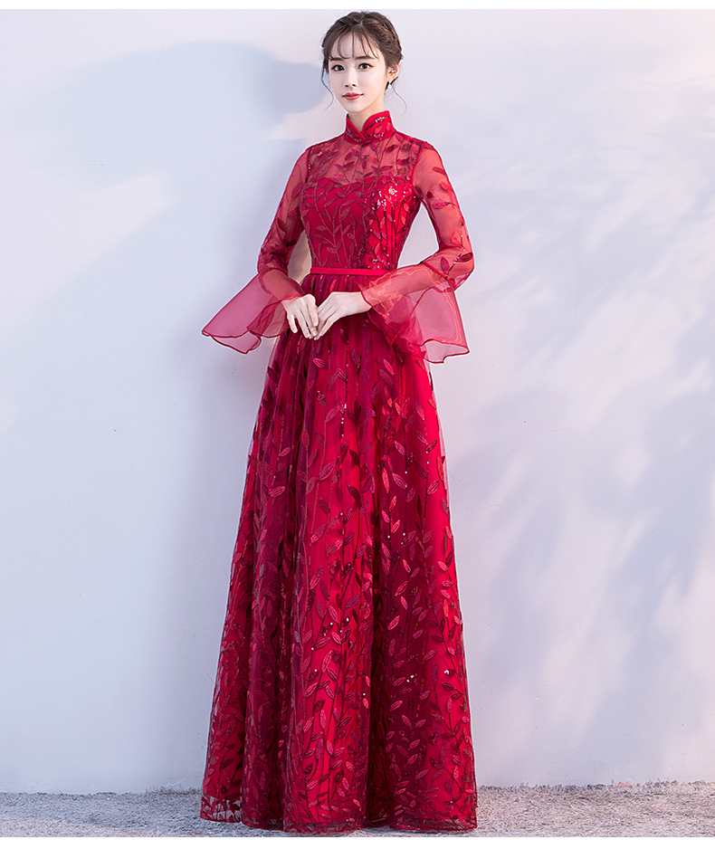 新穎喇叭袖中式禮服，性感鏤空繡花晚禮服