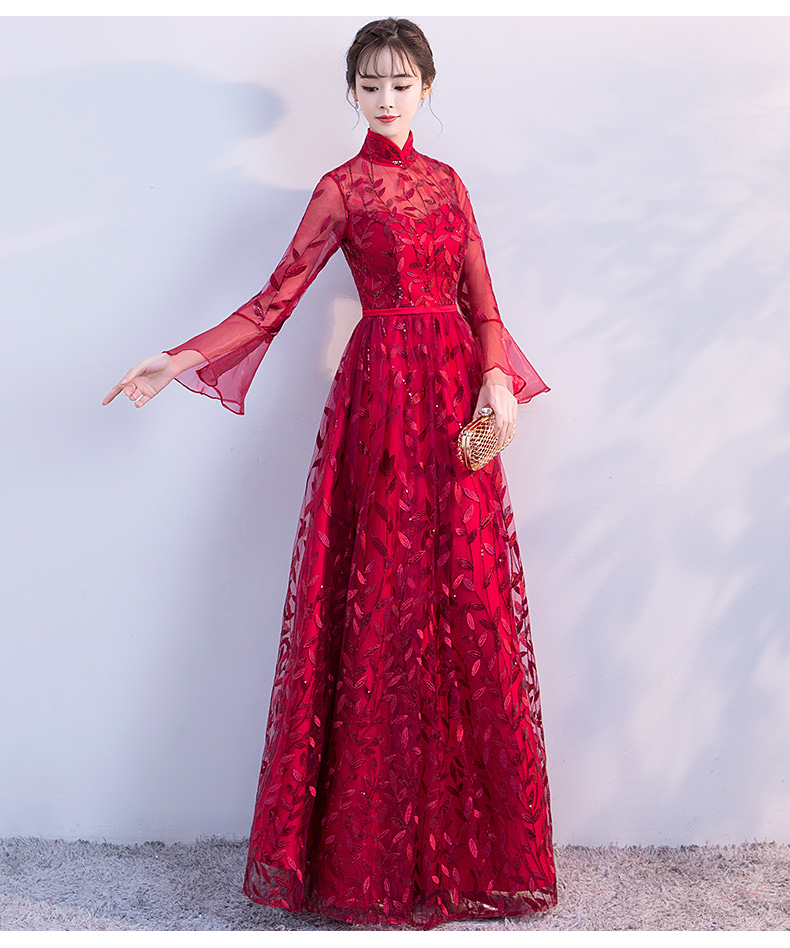 新穎喇叭袖中式禮服，性感鏤空繡花晚禮服