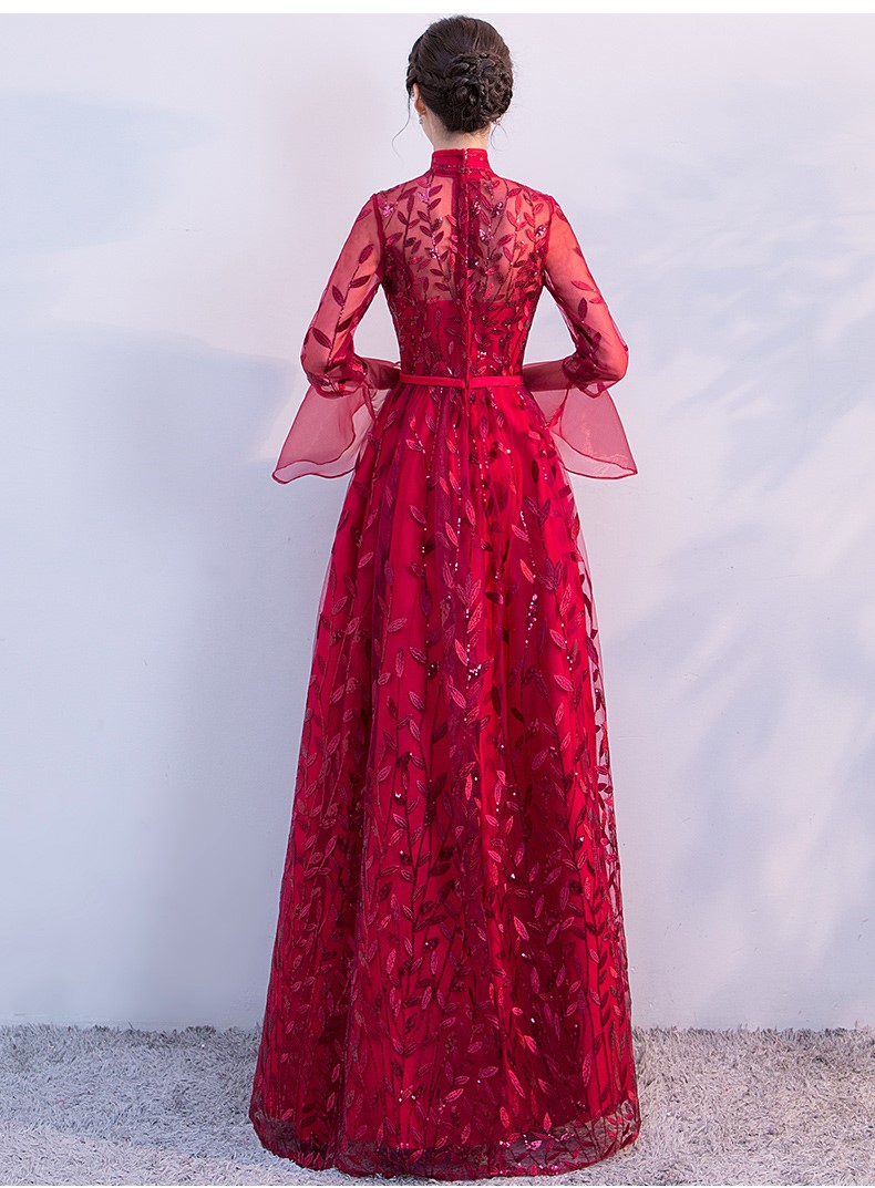 新穎喇叭袖中式禮服，性感鏤空繡花晚禮服