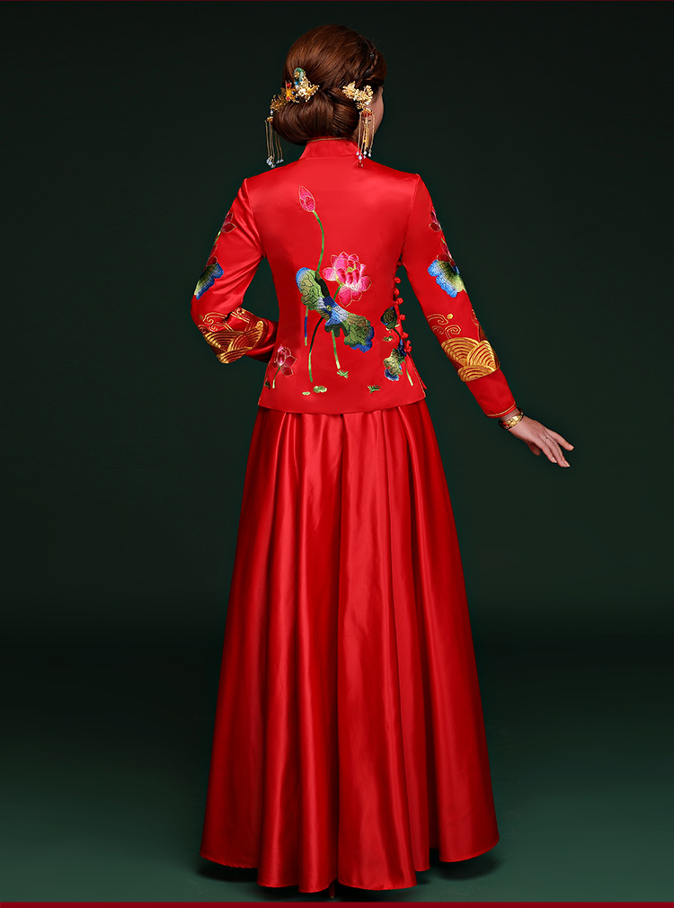 荷塘鴛鴦戲水中式禮服，家佳樂文學(xué)新娘結(jié)婚禮服