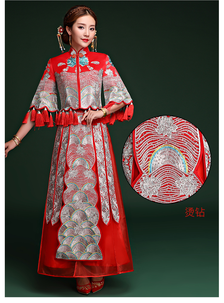 復(fù)古典雅中式禮服，袖波浪紋新娘結(jié)婚禮服