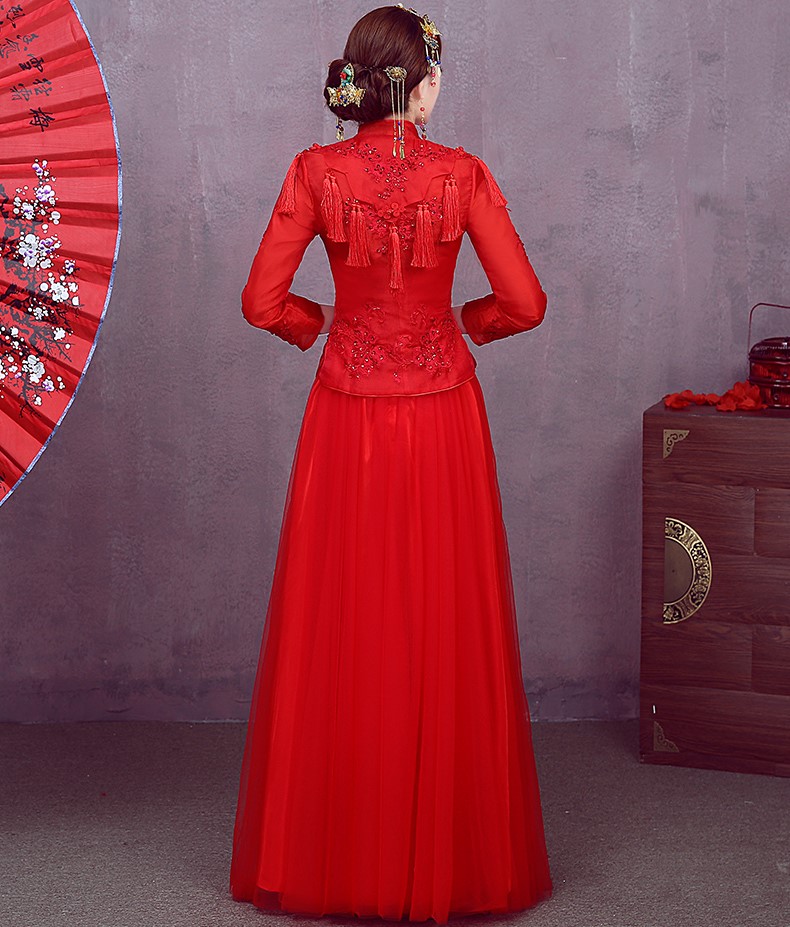 簡約紅色中式禮服，流蘇家佳樂文學新娘結(jié)婚禮服