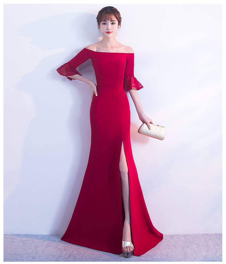 一字肩開叉中式禮服，甜美蕾絲袖口晚禮服