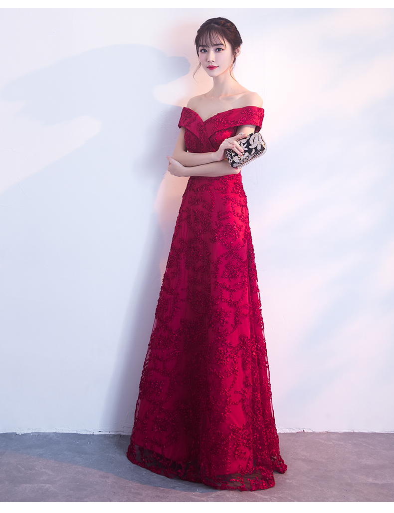 一字肩中式禮服，甜美蕾絲花晚禮服