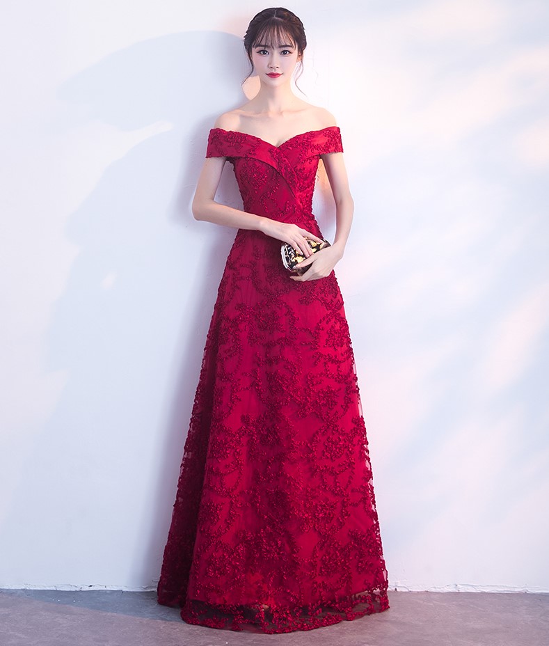 一字肩中式禮服，甜美蕾絲花晚禮服