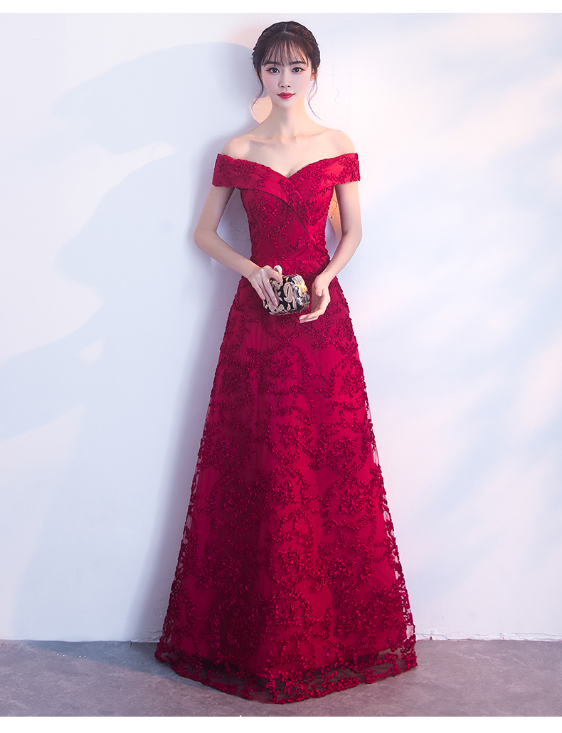 一字肩中式禮服，甜美蕾絲花晚禮服