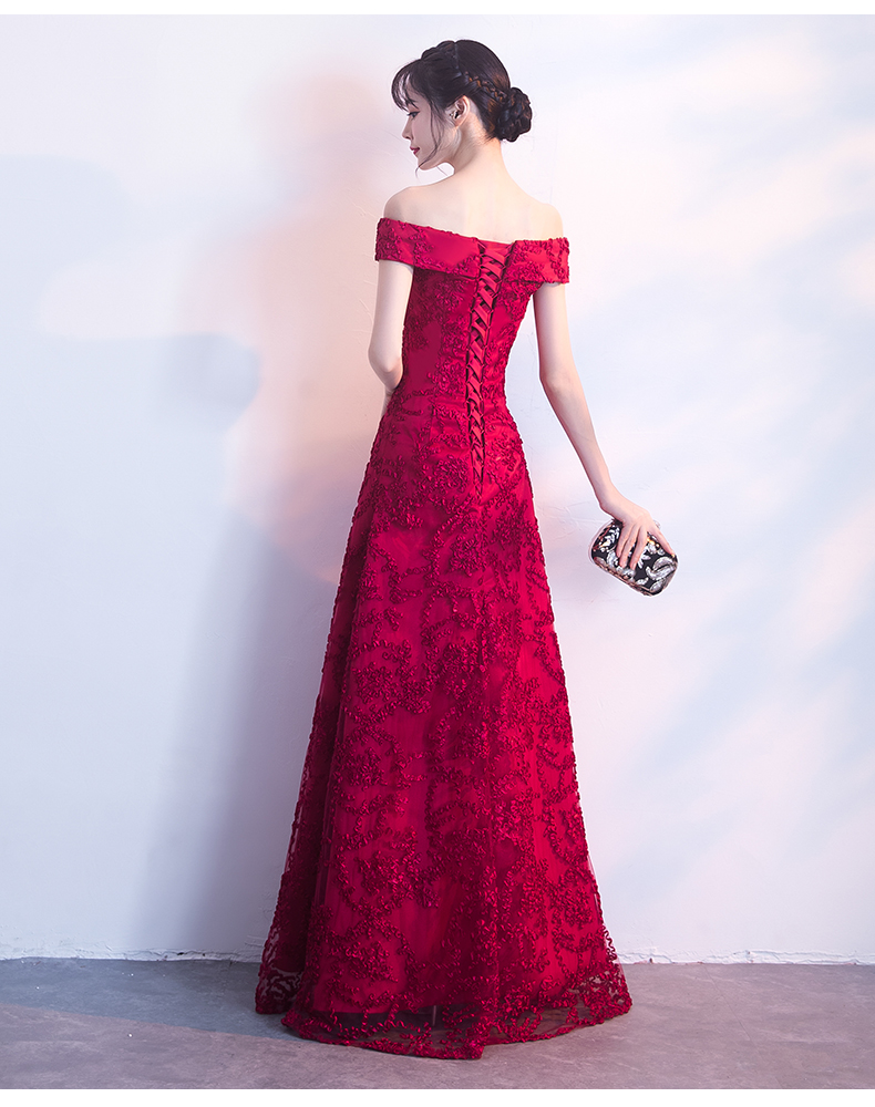 一字肩中式禮服，甜美蕾絲花晚禮服