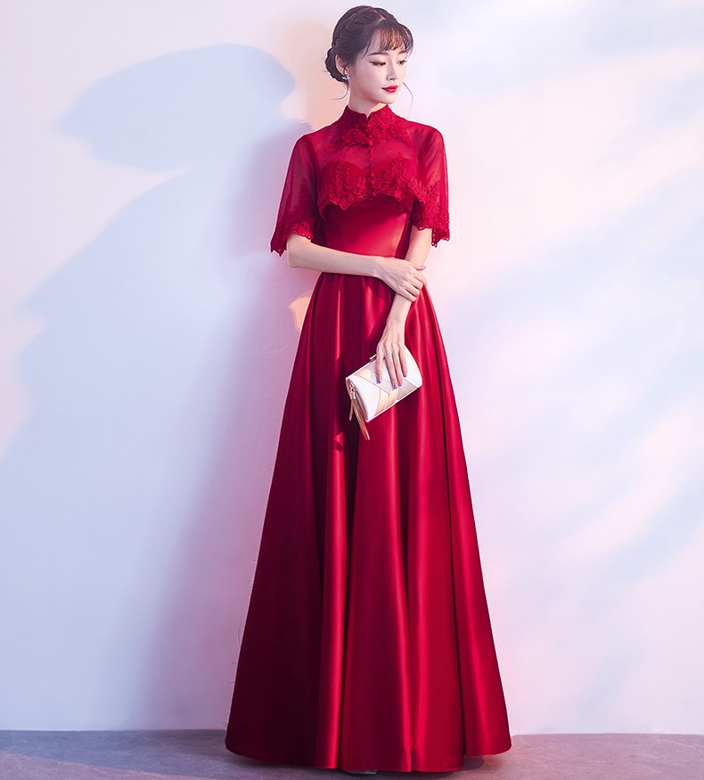 蕾絲披肩中式禮服，甜美家佳樂文學晚禮服