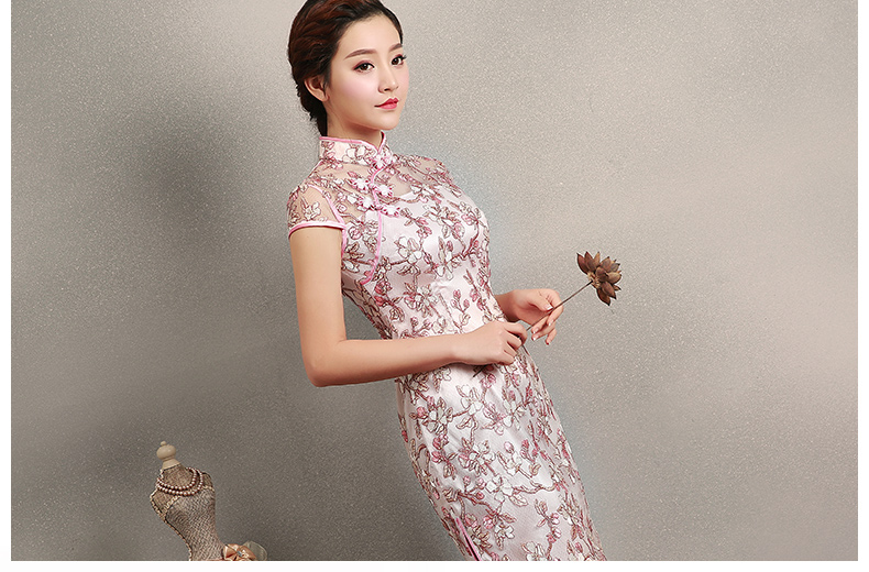 粉色繡花旗袍，蕾絲短款旗袍裙