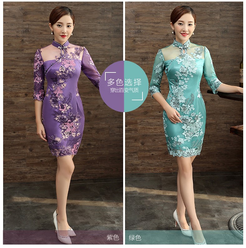 刺繡花瓣袖旗袍，復(fù)古蕾絲短款旗袍裙